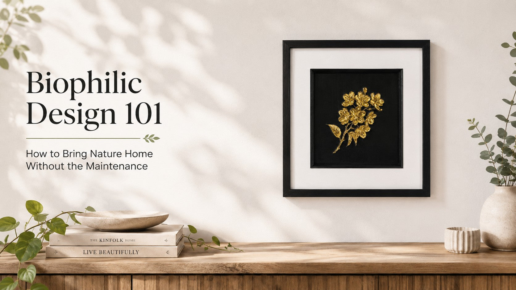 Biophilic design blog hero image showing framed wild flower bouquet gold leaf wall art on a neutral wall with soft plant shadows, natural wood styling and overlay text reading Biophilic Design 101.