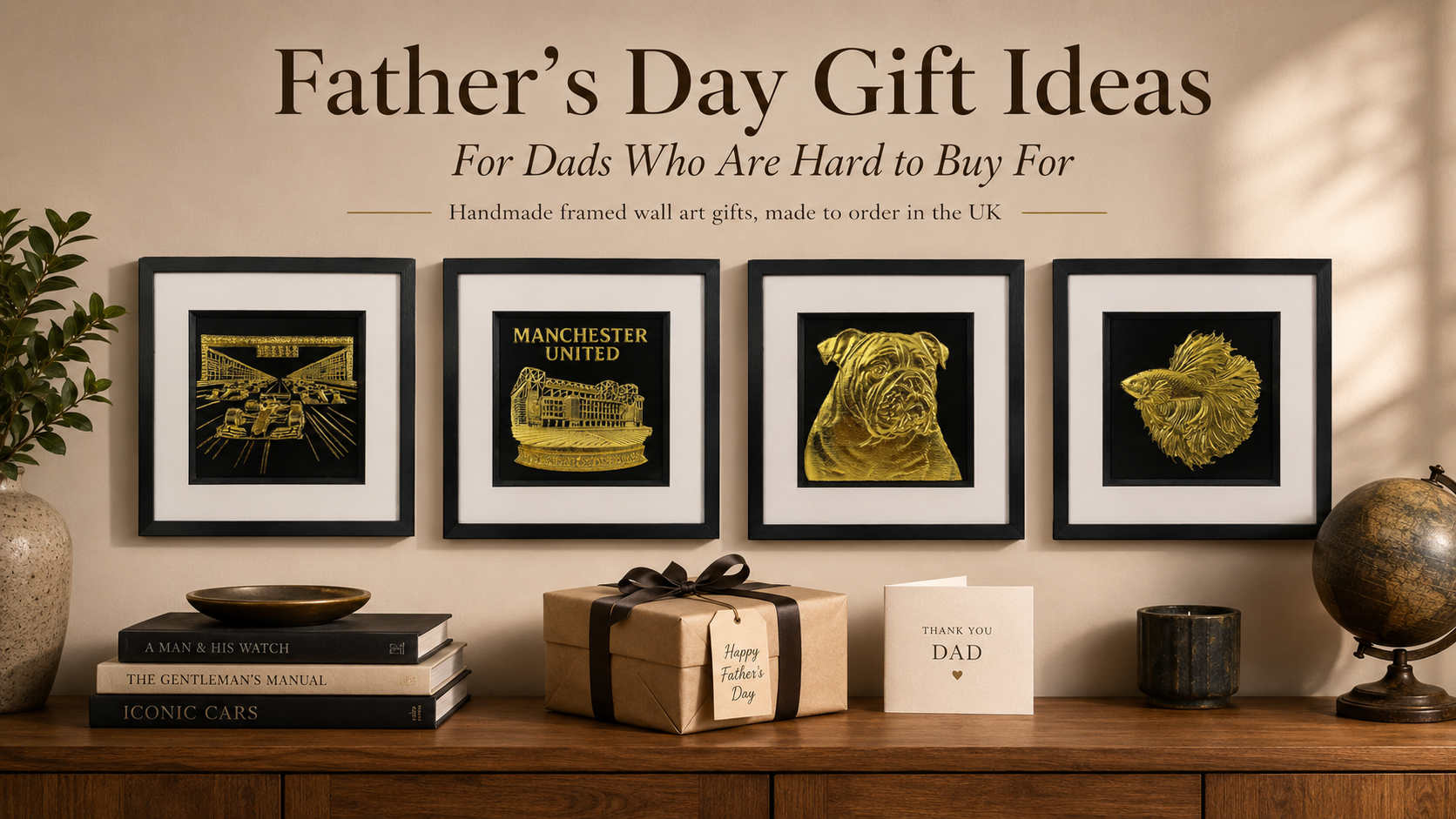 Father’s Day gift ideas for dads who are hard to buy for, featuring handmade framed gold leaf wall art with Formula 1, football stadium, bulldog and fish designs by JP Designs.