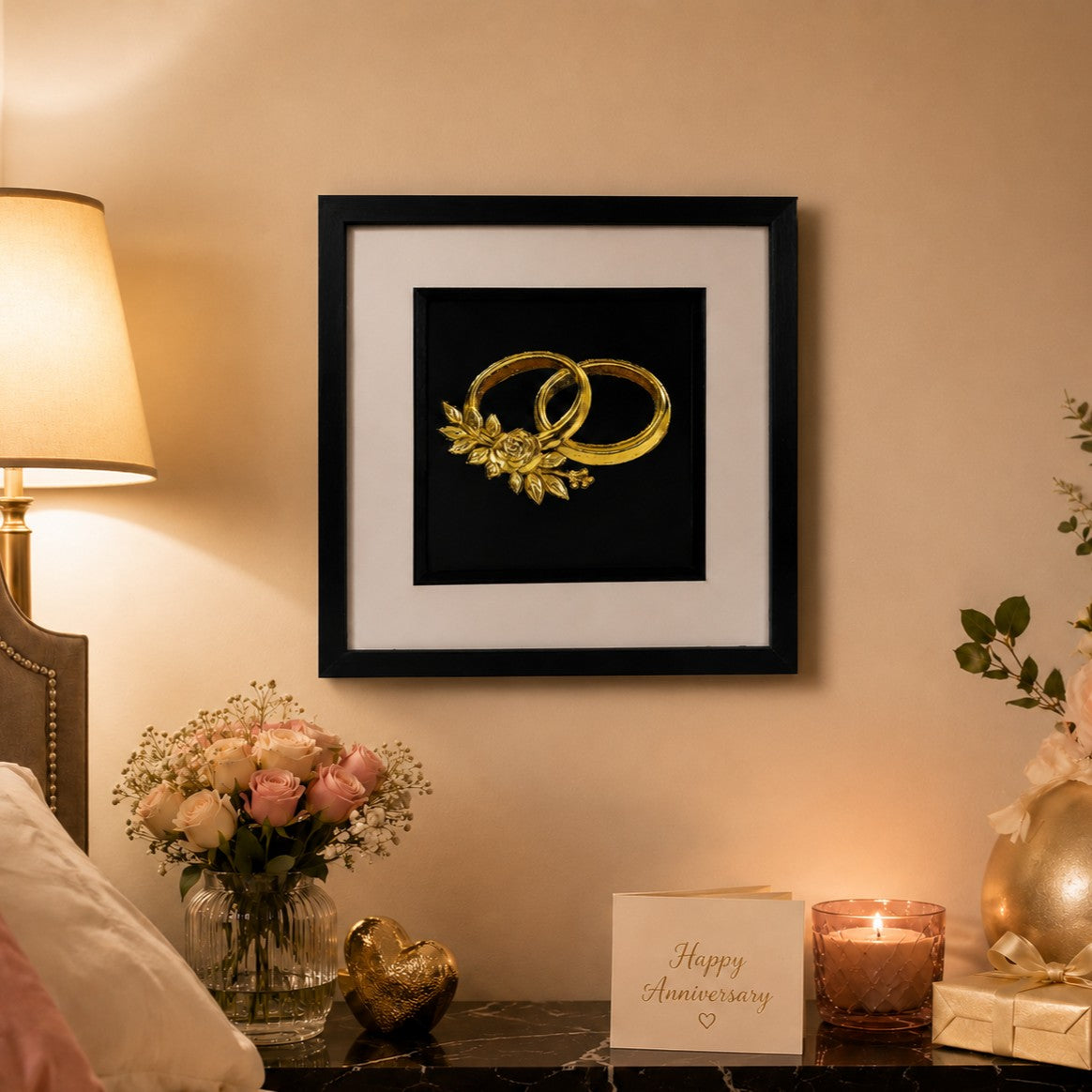 Gold leaf wedding rings framed wall art styled in a bedroom, a handmade anniversary gift by JP Designs