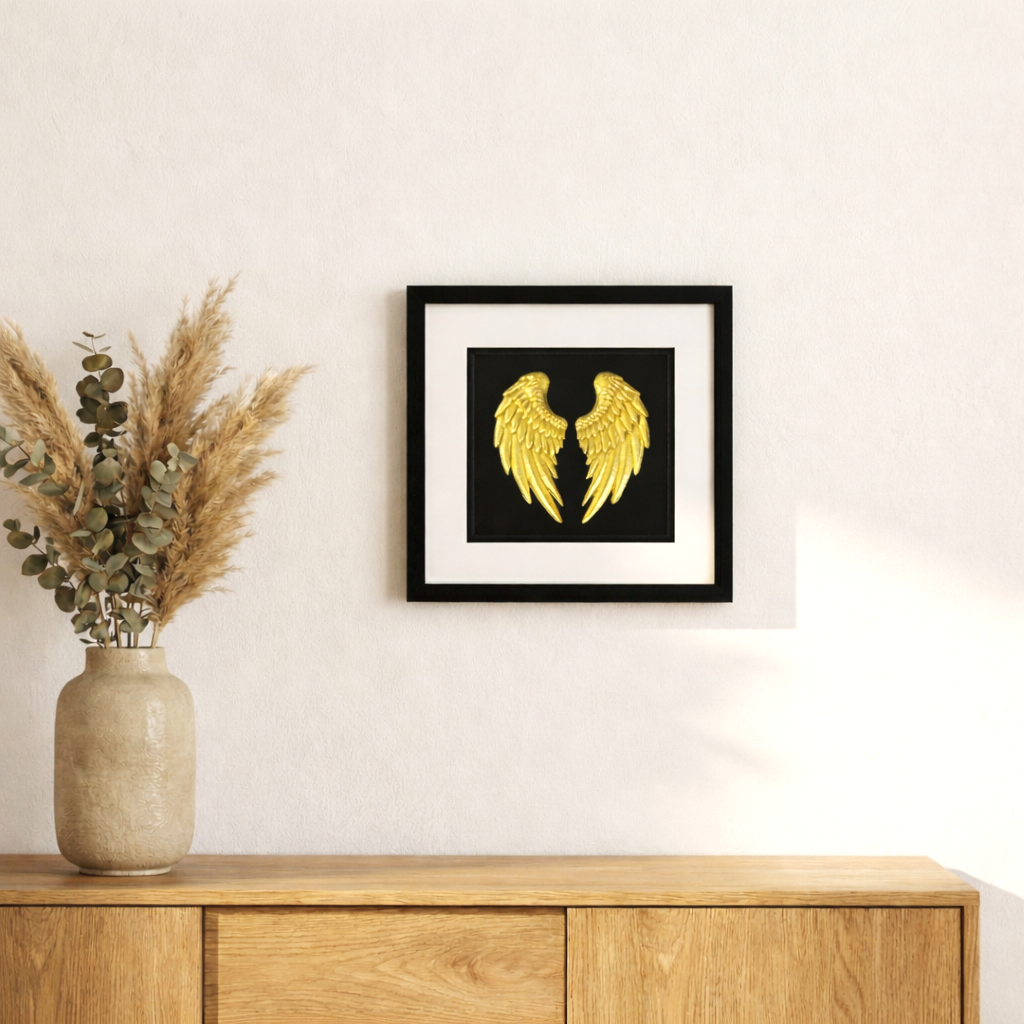 angel wings gold wall art 3d mounted on a wall lifestyle image