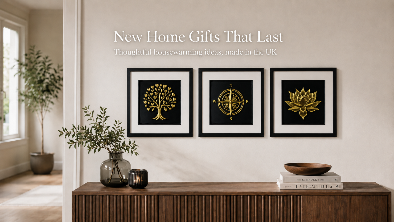 Three handmade framed 3D wall art pieces with gold leaf finish displayed in a calm home interior as thoughtful new home gifts