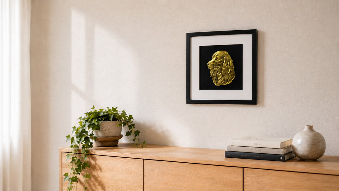 Framed gold leaf 3D Cocker Spaniel dog wall art above an oak sideboard, JP Designs