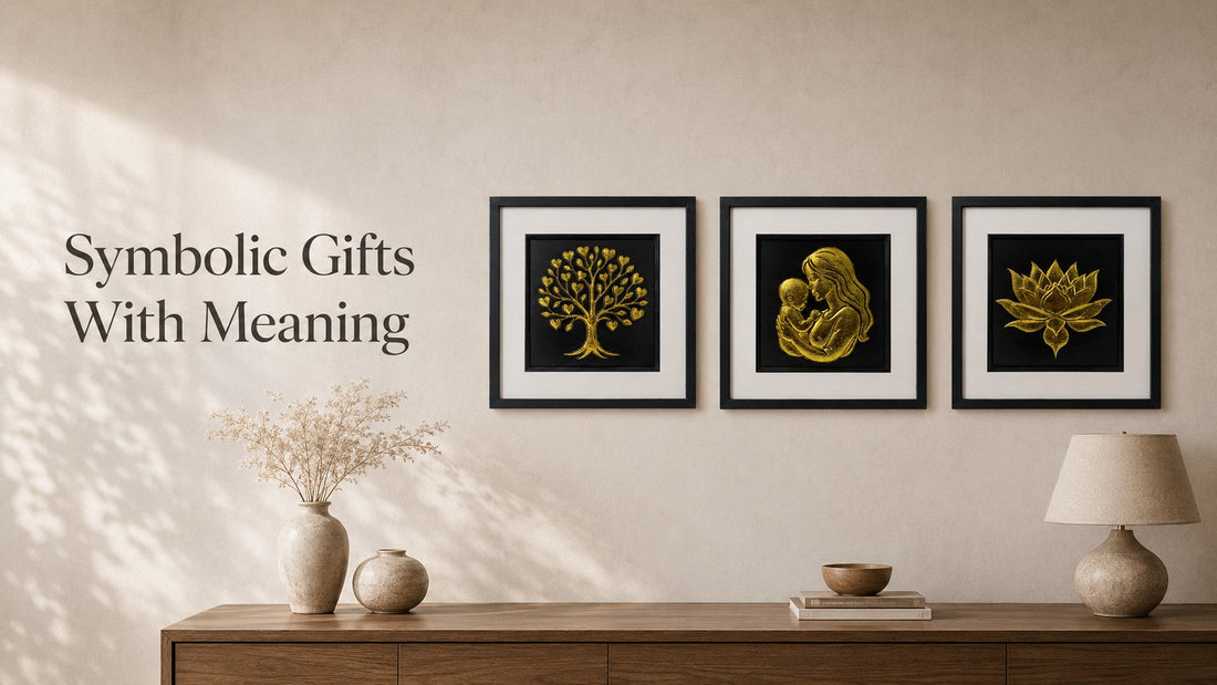 Symbolic gifts with meaning blog hero image showing gold leaf framed wall art including a heart tree, mother and baby, and lotus flower on a neutral wall