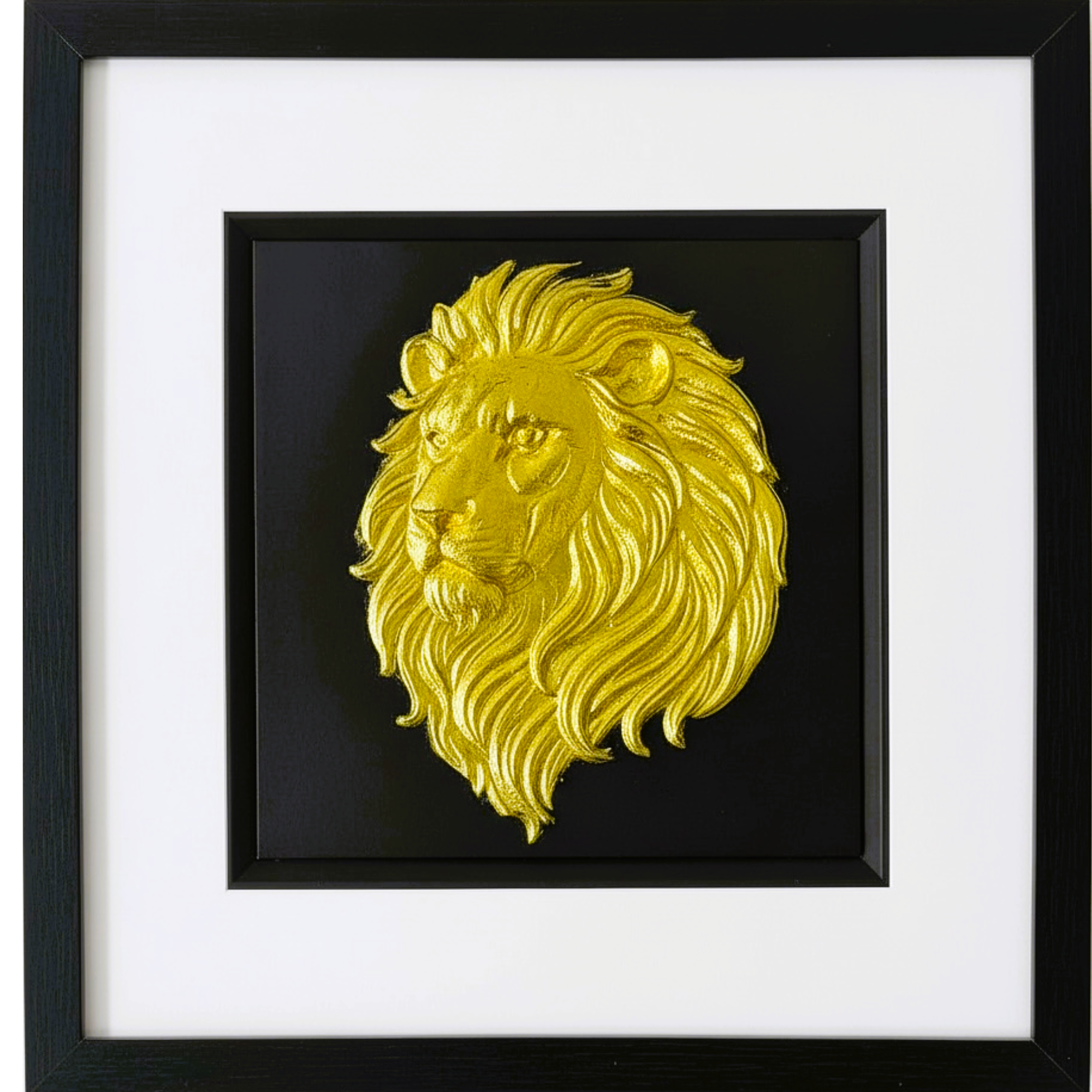 Handcrafted framed gold leaf wall art depicting a lion head, presented on a black background with white mount and black frame.