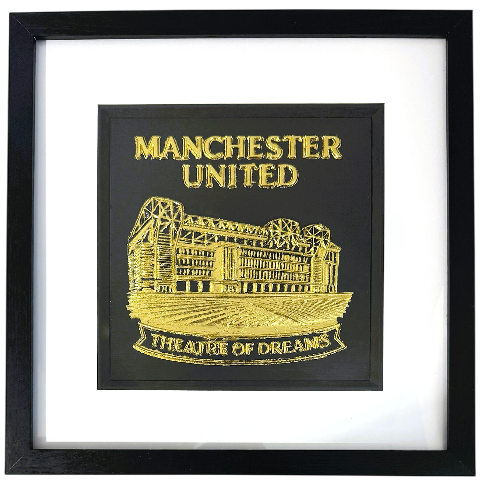 Sports wall art collection featuring a framed Manchester United football stadium artwork finished in gold leaf