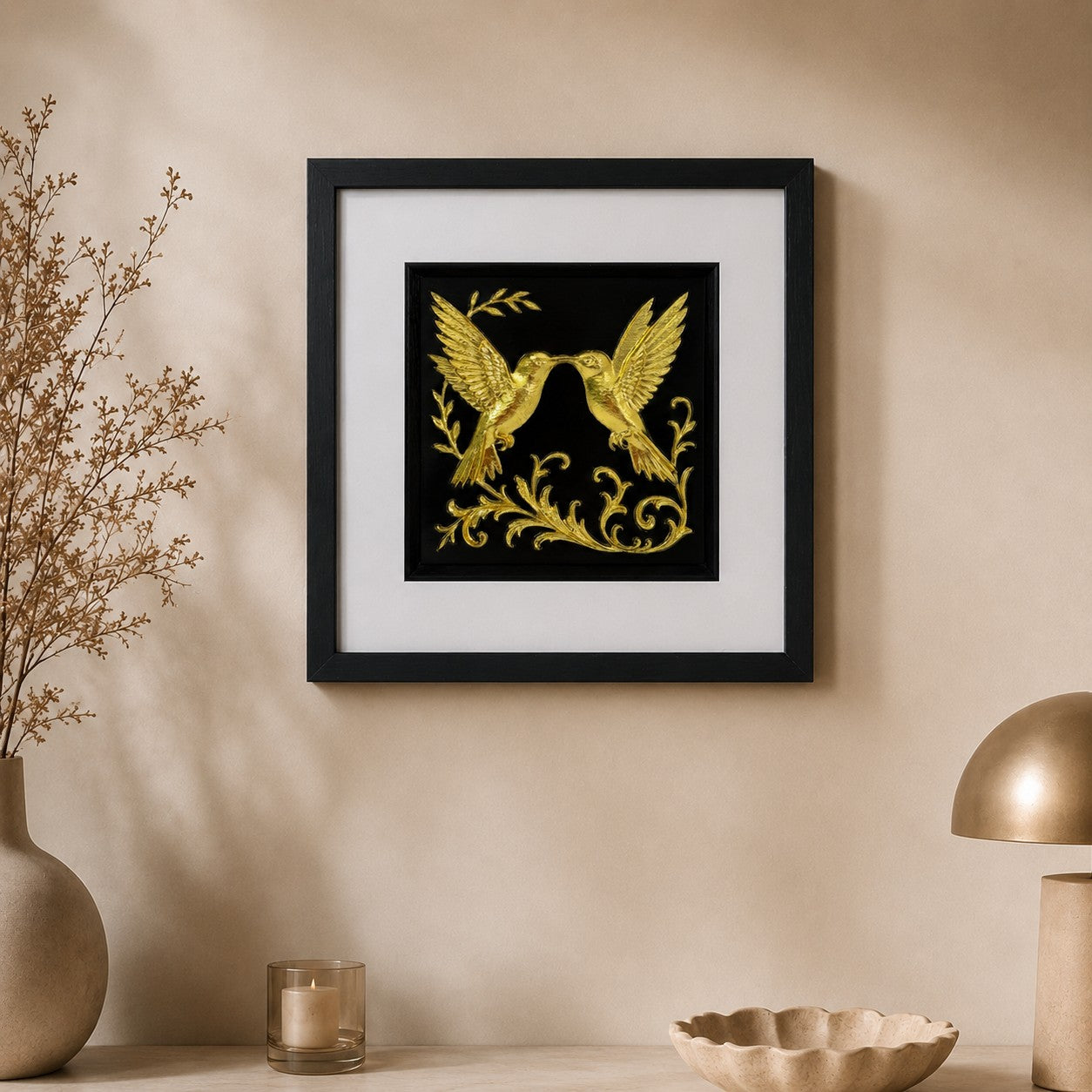 Gold hummingbird wall art displayed in a calm neutral home setting, ideal for animal and nature inspired interior decor.