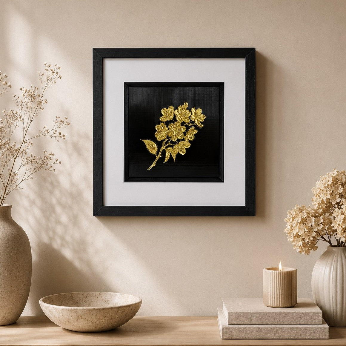 Gold wildflower wall art displayed in a calm neutral interior, ideal for floral and botanical inspired home decor.