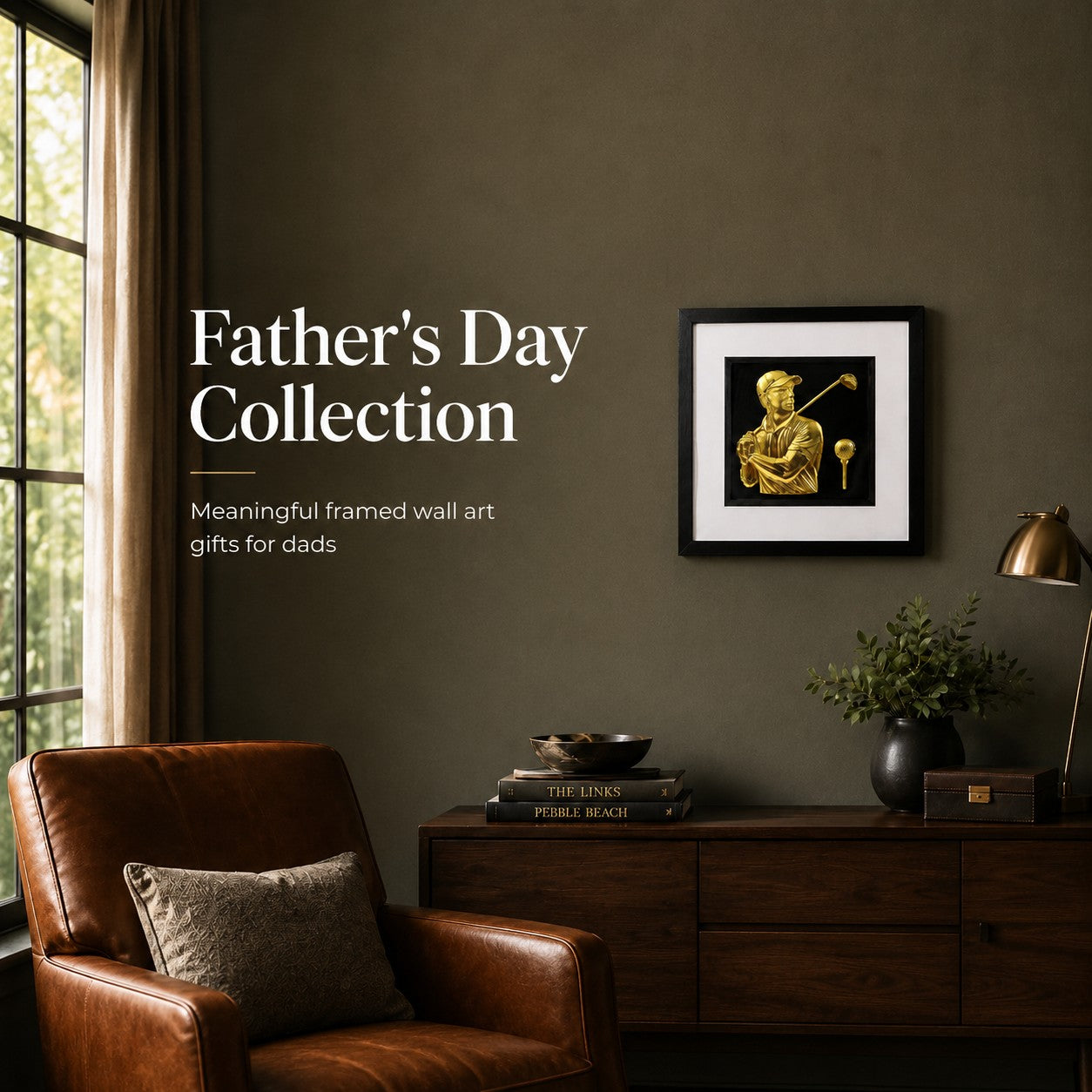 Square lifestyle image for a Father’s Day wall art collection, featuring framed gold golf wall art displayed in a warm lounge setting as a thoughtful gift for dad.
