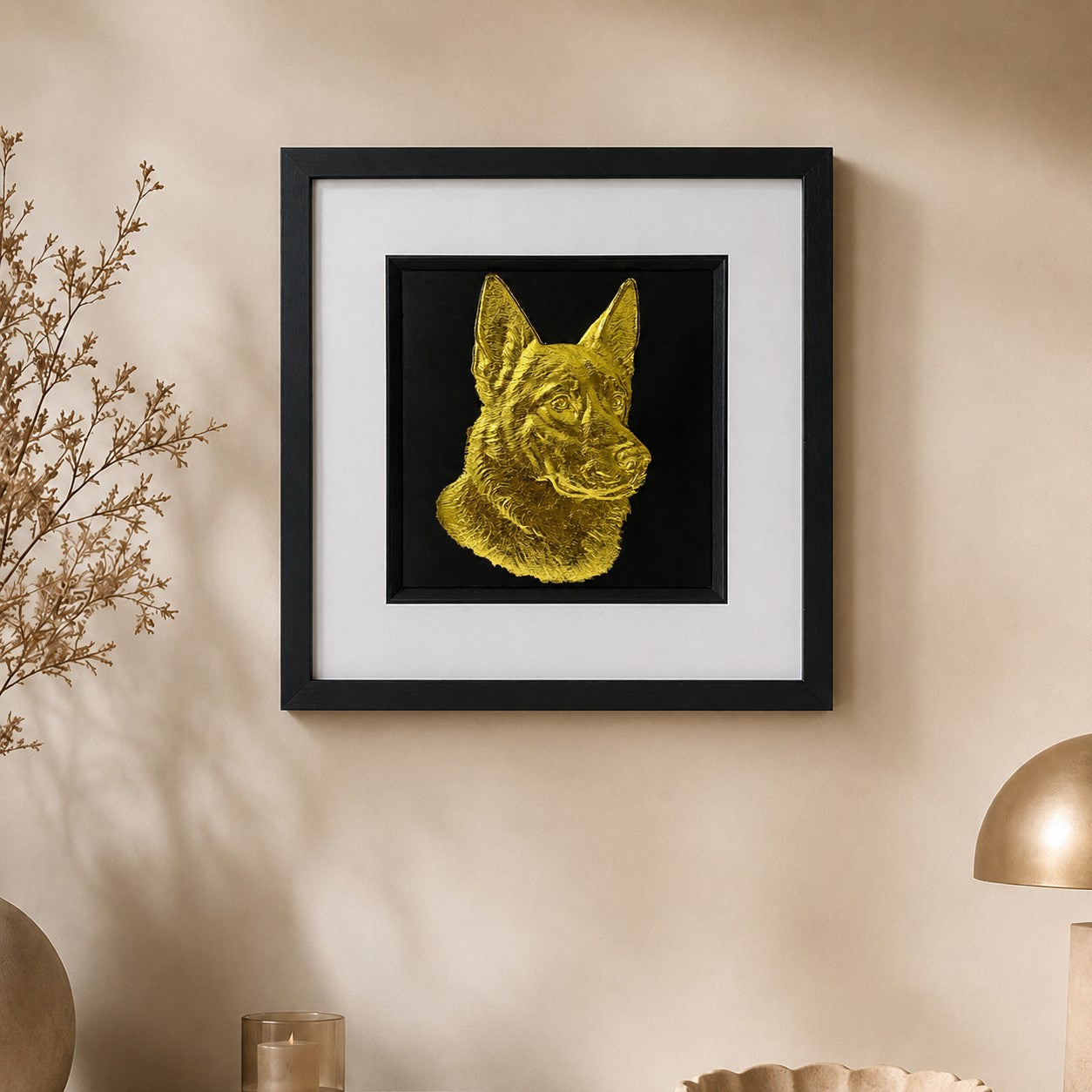 Gold German Shepherd framed 3D wall art displayed in a warm neutral home interior, styled as premium dog and pet wall decor.