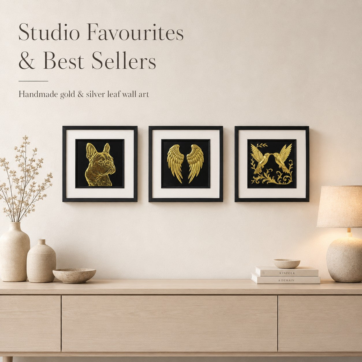 Studio favourites and best sellers collection hero showing framed gold leaf 3D wall art with French Bulldog, angel wings and hummingbirds in a neutral home interior.