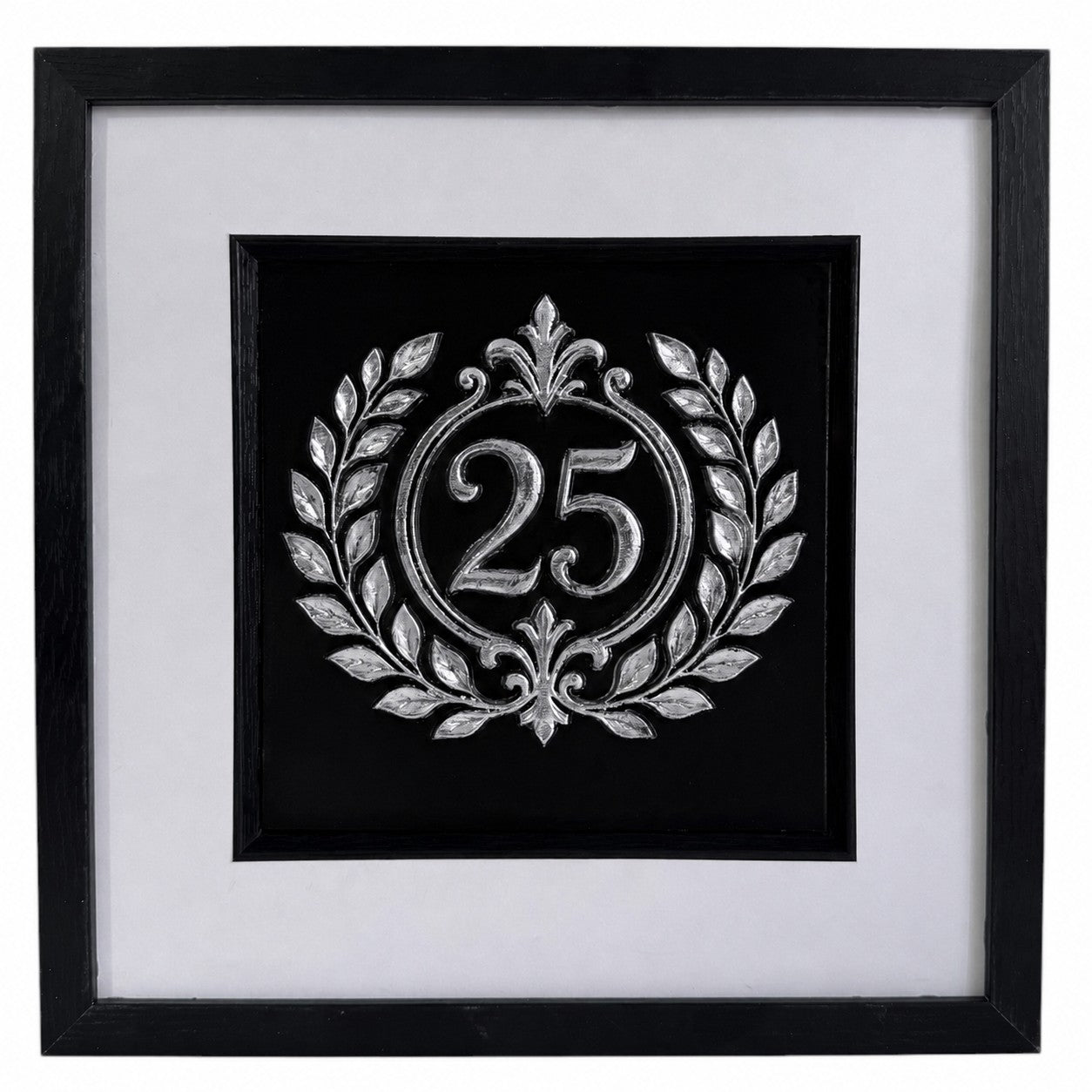 Silver framed 25th anniversary laurel wreath artwork with raised number 25, black background, white mount, and black box frame.