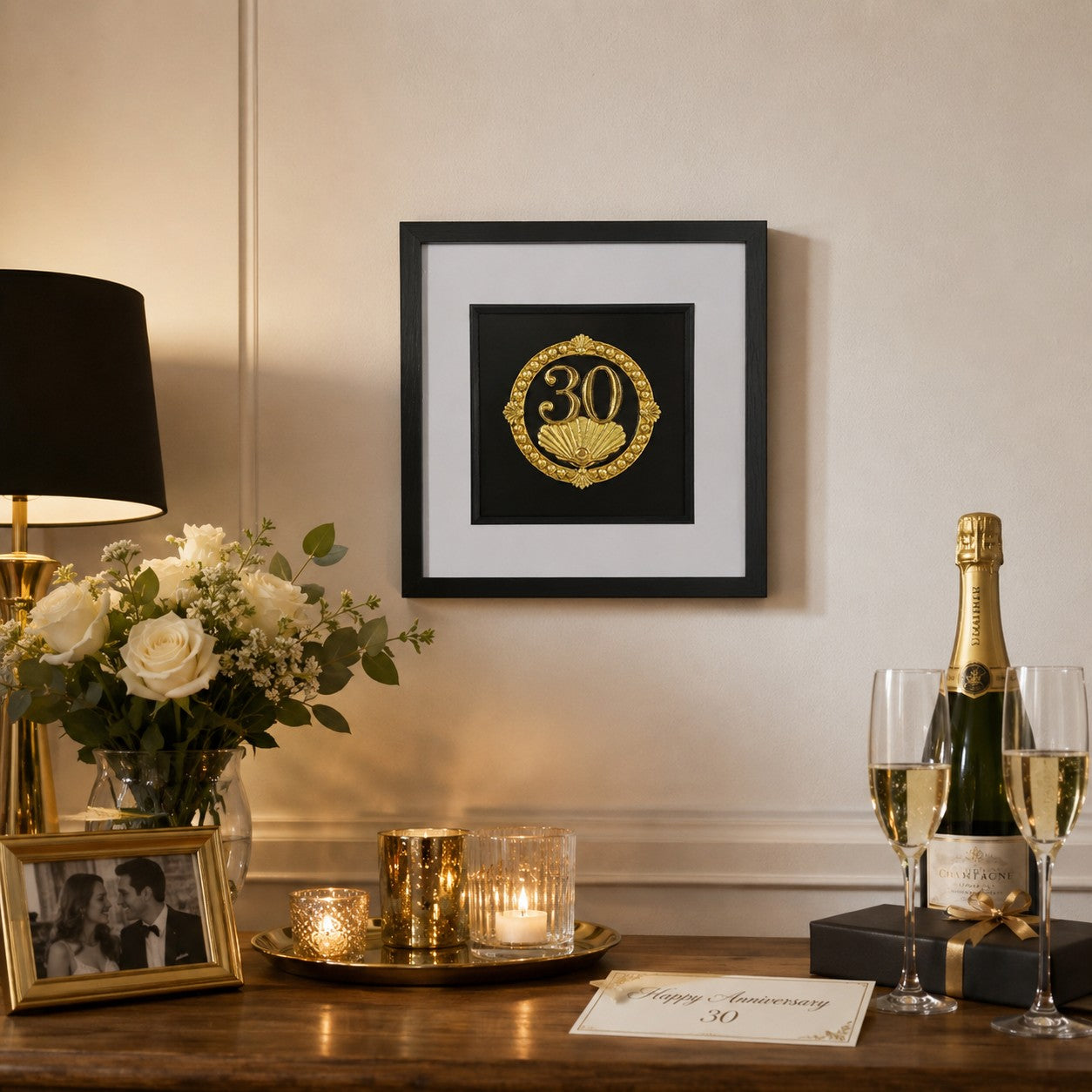 Gold 30th anniversary pearl shell framed artwork styled above a sideboard with flowers, candles, champagne, glasses, a wedding photo, and gift box.