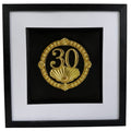 Straight-on Gold 30th anniversary pearl shell framed artwork with raised number 30, pearl-style border, shell detail, and black background.