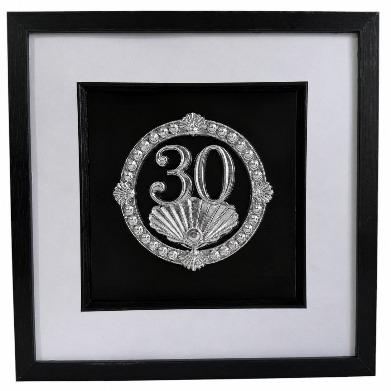 Silver framed 30th anniversary pearl shell artwork with raised number 30, pearl-style border, white mount, and black box frame.