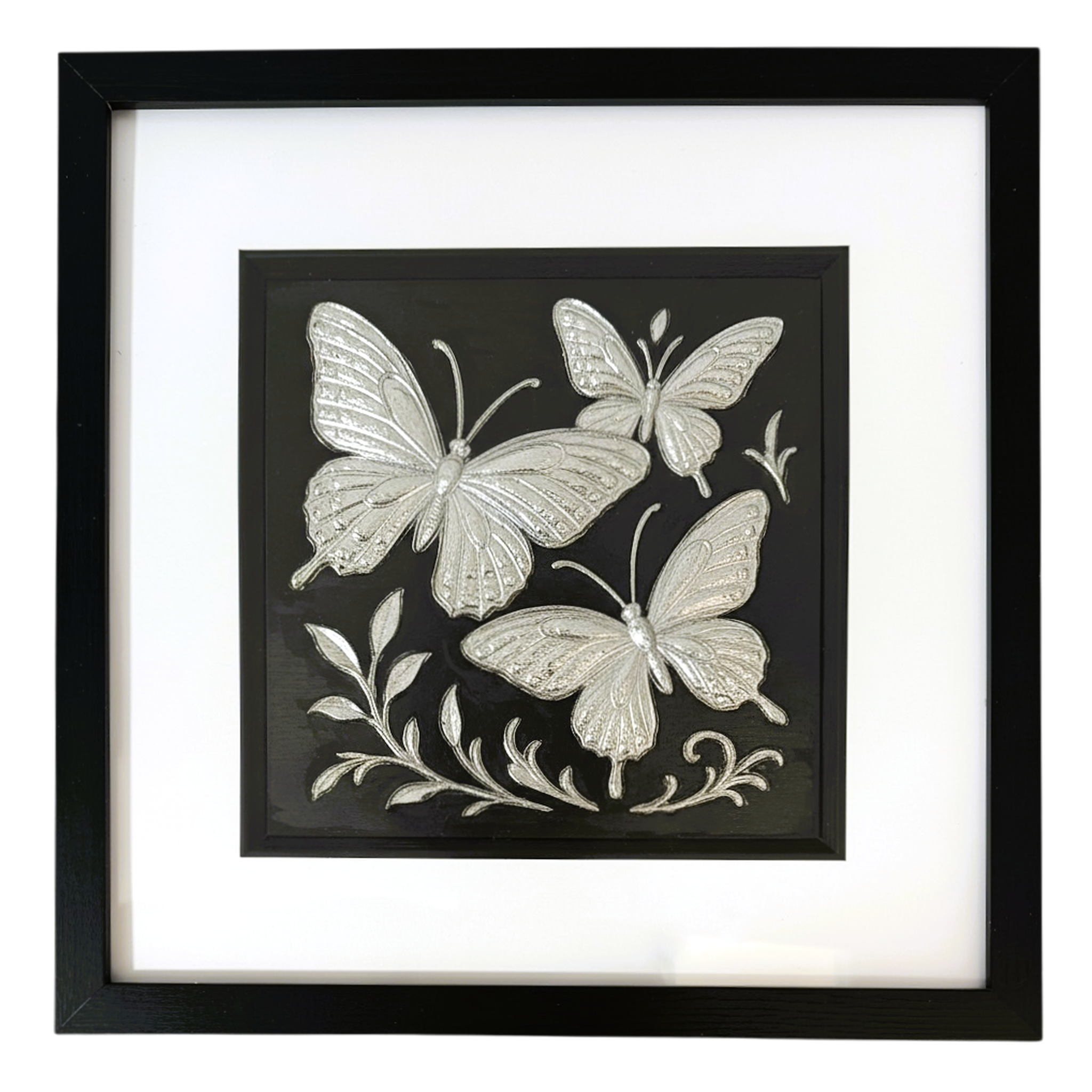 Silver butterfly trio wall art framed in black with raised relief detail