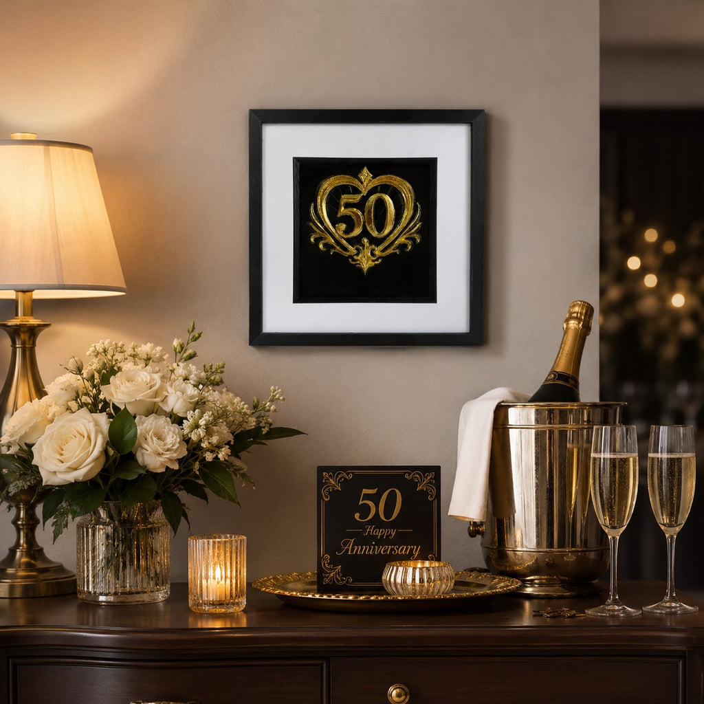 Gold 50th anniversary heart framed artwork styled above a sideboard with flowers, candles, champagne, glasses, lamp, and anniversary card.