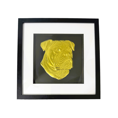 Framed American Bulldog wall art featuring a raised gold leaf portrait on a black background with a white mount