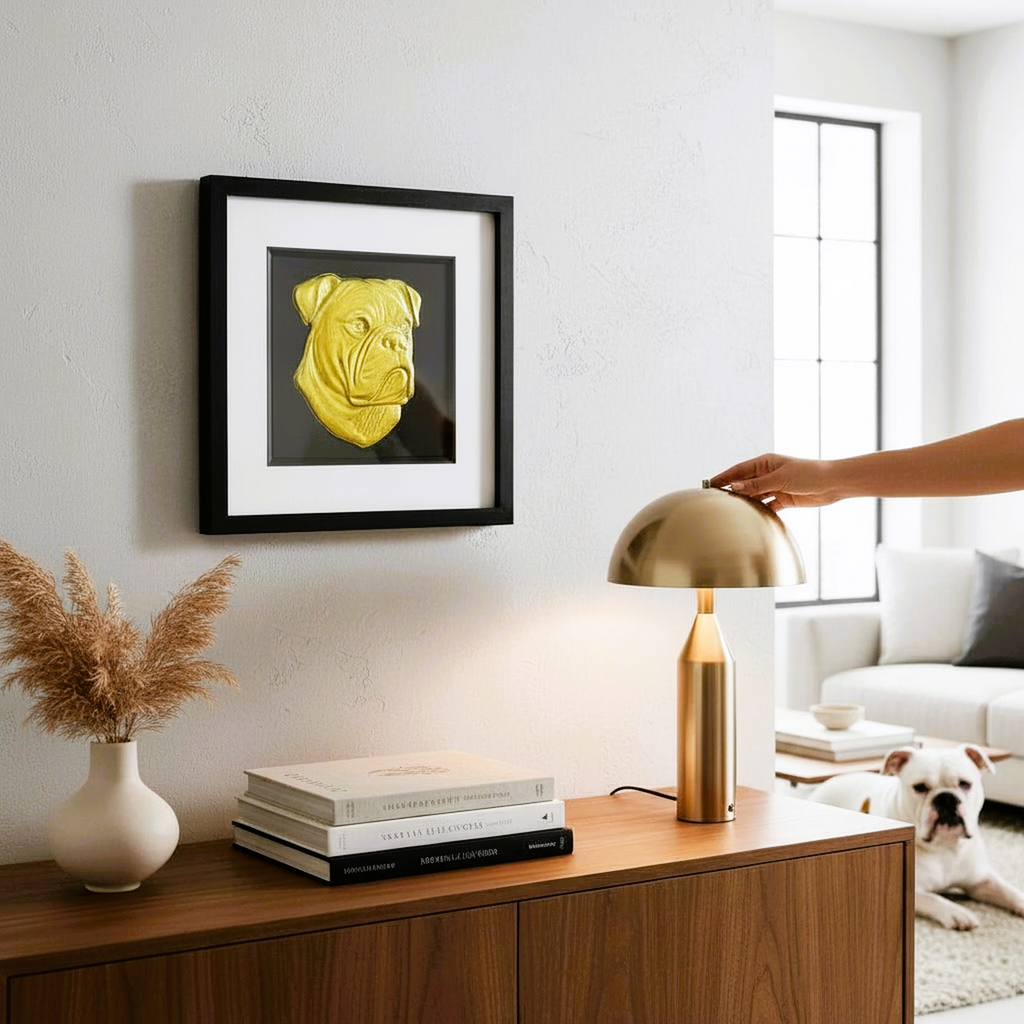 American Bulldog framed wall art displayed in a modern interior setting