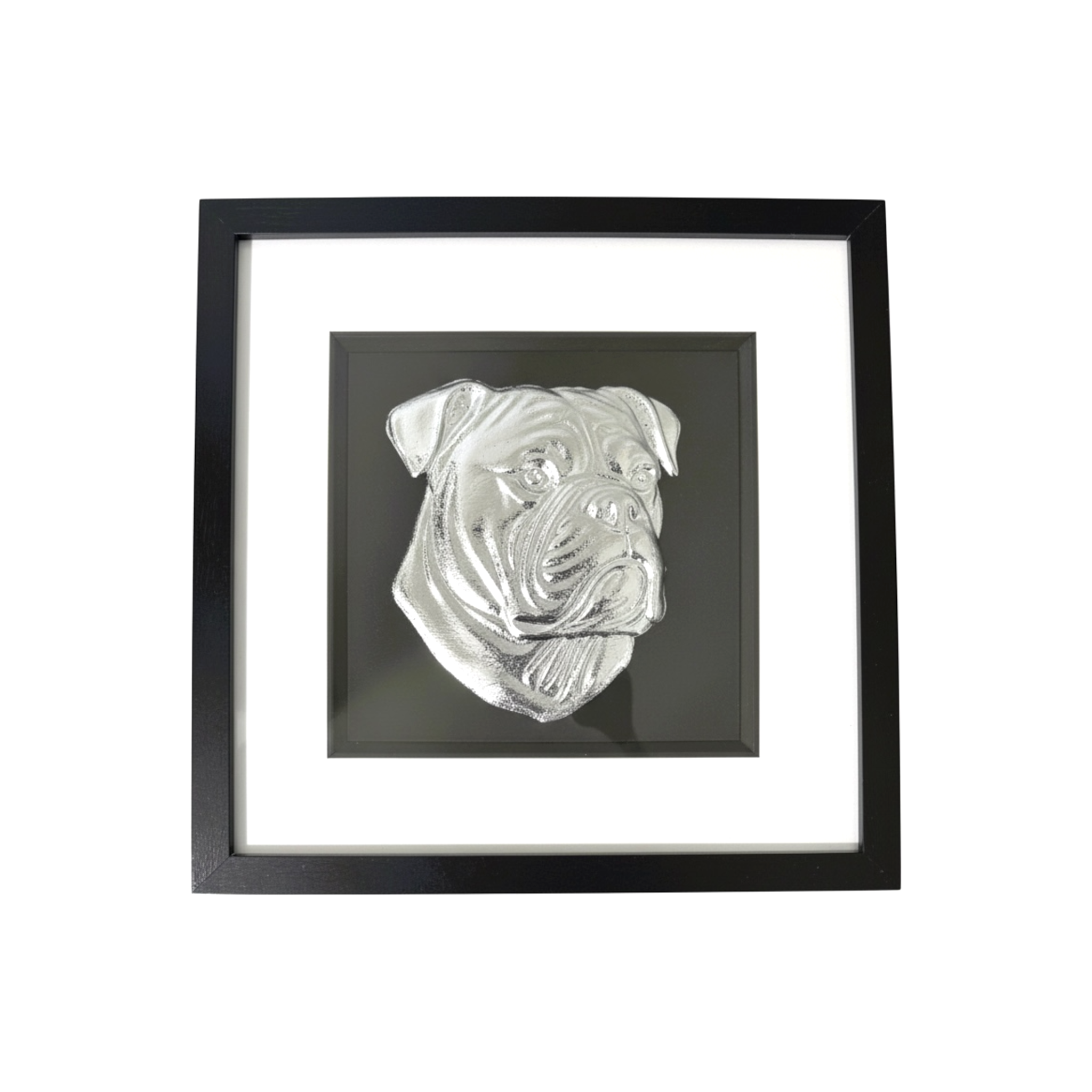 Framed American Bulldog wall art featuring a raised silver leaf portrait on a black background with a white mount