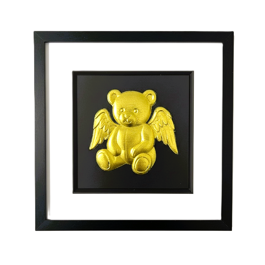 Angel teddy bear gold leaf framed wall art on black background