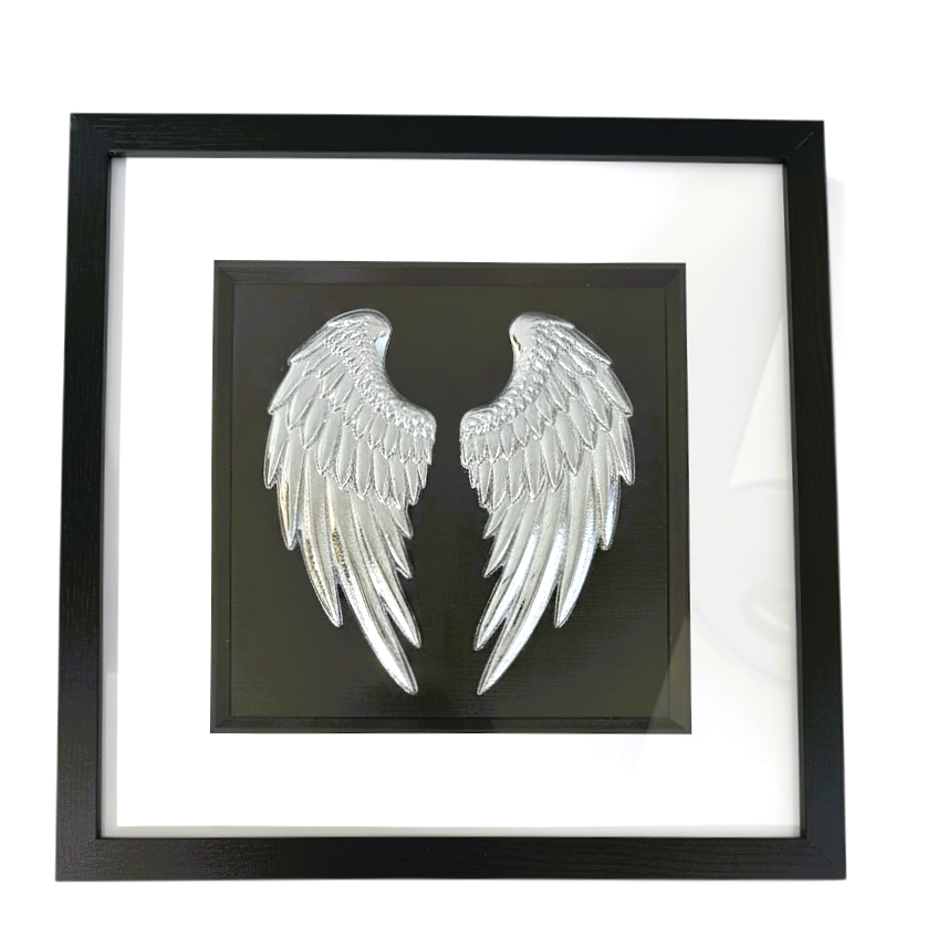 Silver angel wings memorial wall art in black wooden frame