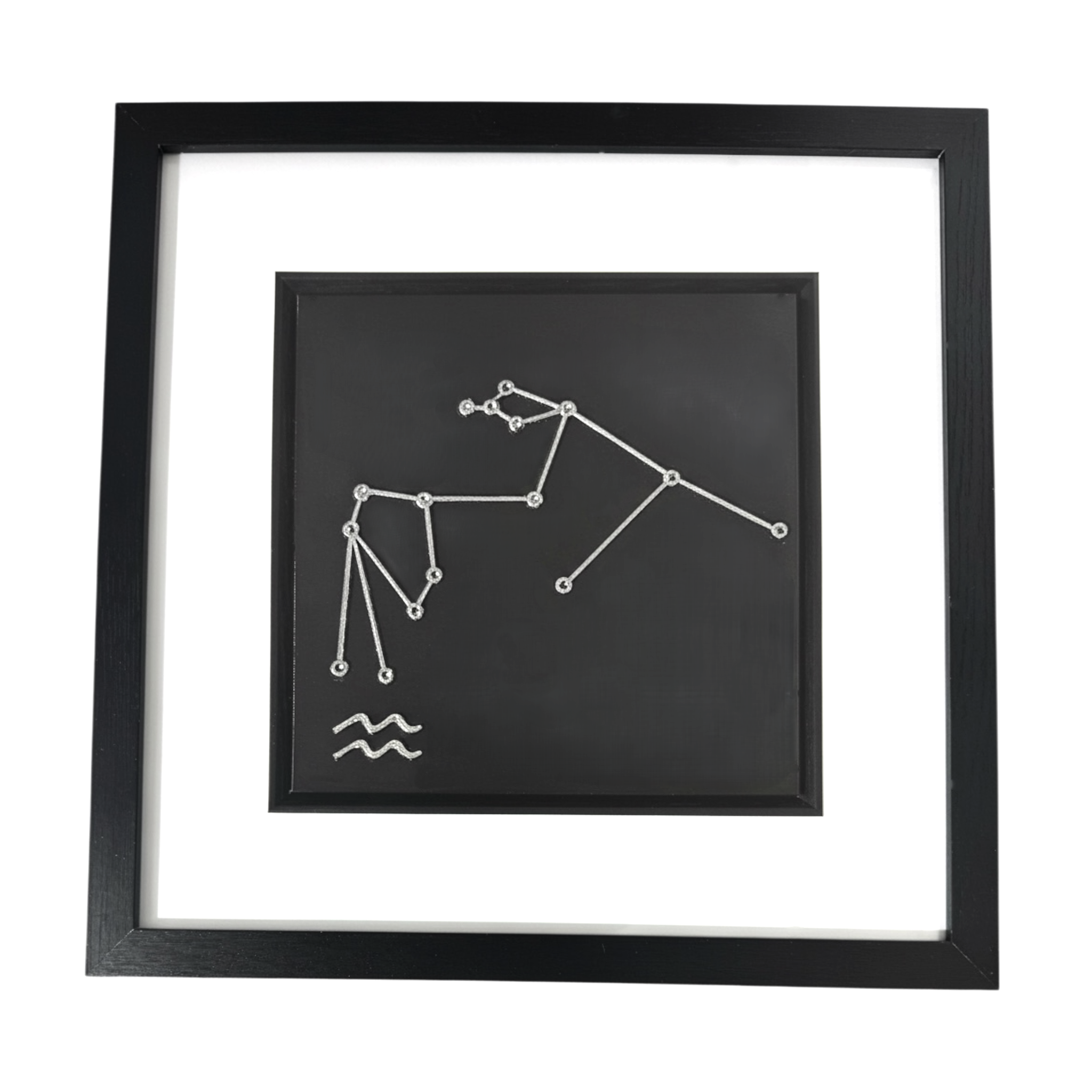 Silver Aquarius constellation wall art framed in black with white mount, raised relief zodiac constellation on a black background