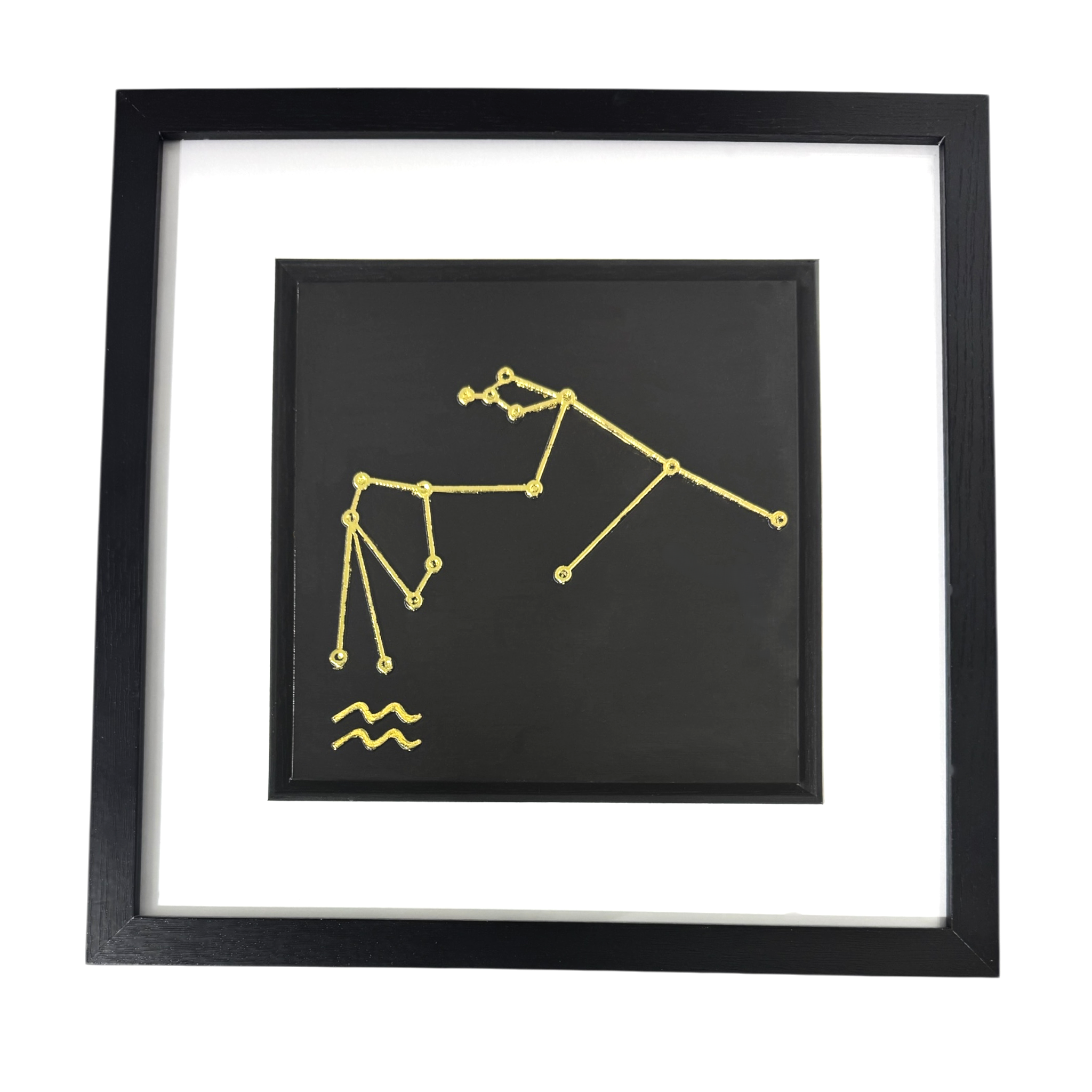 Gold Aquarius constellation wall art framed in black with white mount, raised relief zodiac star pattern on a black background
