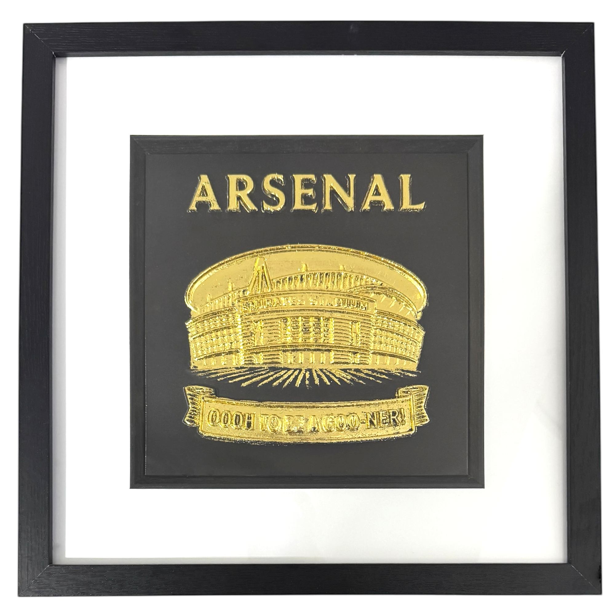 Framed Arsenal stadium wall art in gold leaf with black background and white mount