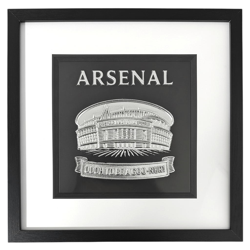 Framed Arsenal stadium wall art in silver leaf with raised relief detailing