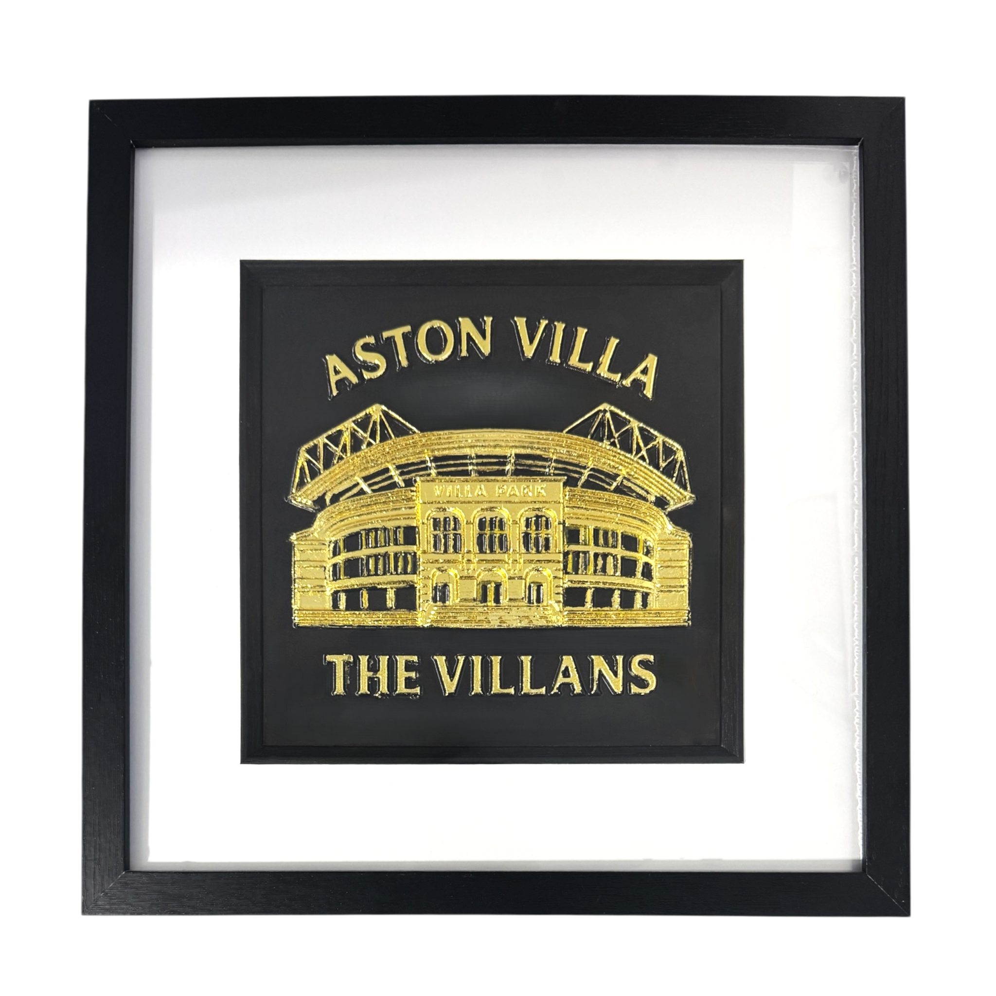 Framed Aston Villa stadium wall art in gold leaf, front-facing view highlighting raised relief stadium design and lettering