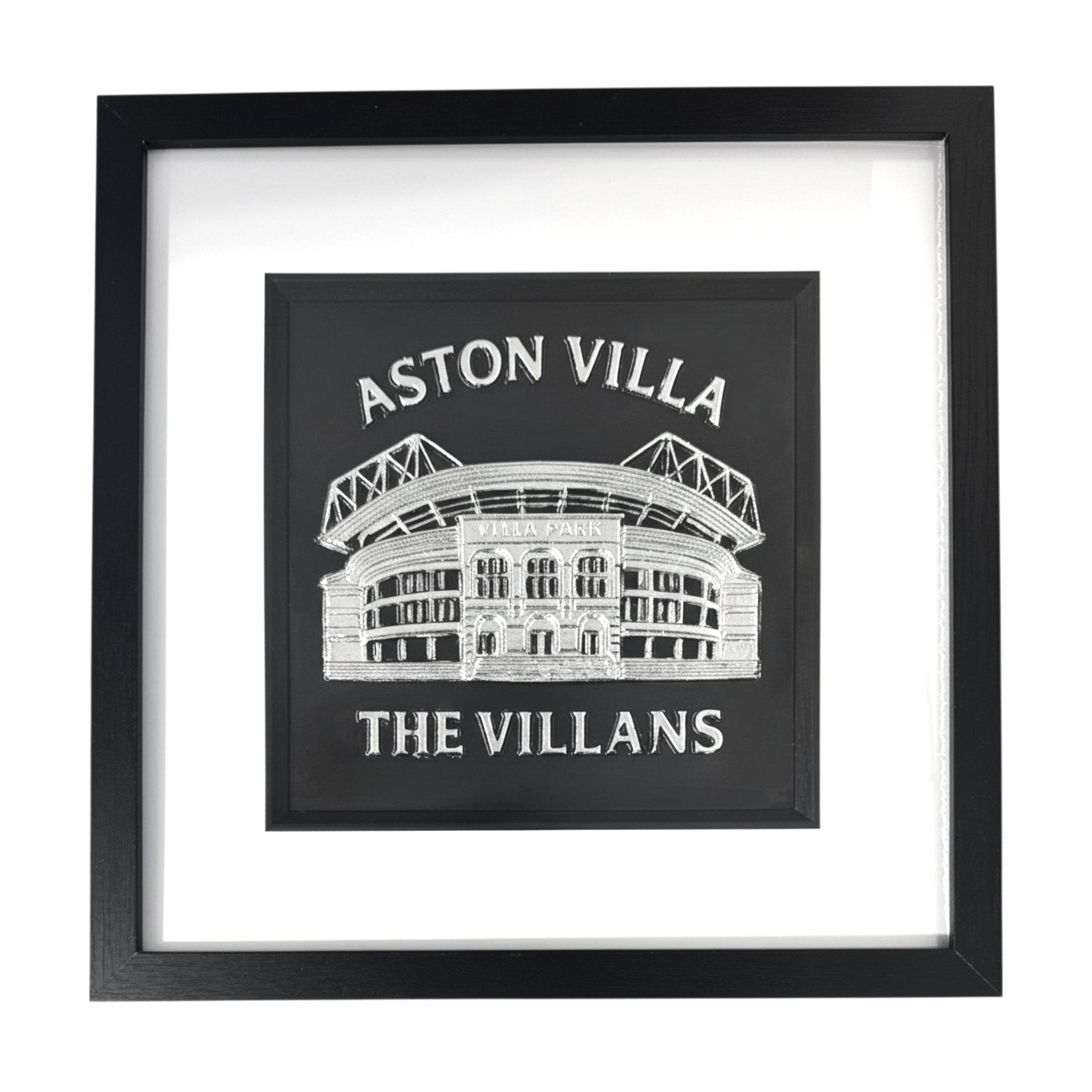 Framed Aston Villa stadium wall art in silver leaf, front view showing Villa Park illustration on black background with white mount