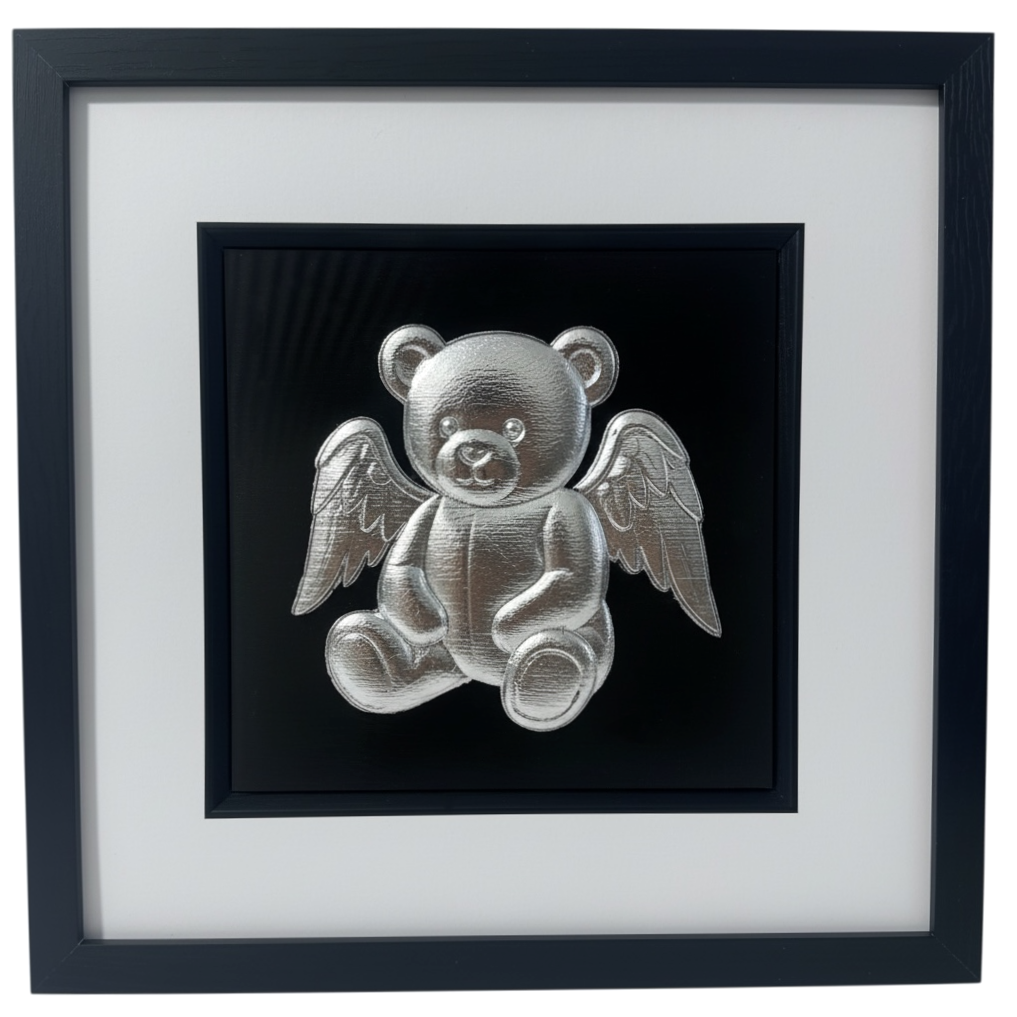 Angel teddy bear silver leaf framed wall art front view child loss memorial