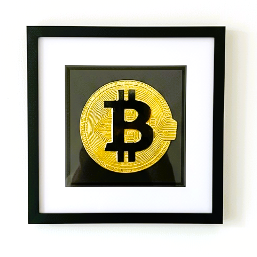 Bitcoin symbol gold leaf framed wall art on black background