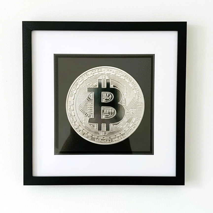 Bitcoin symbol silver leaf framed wall art front view