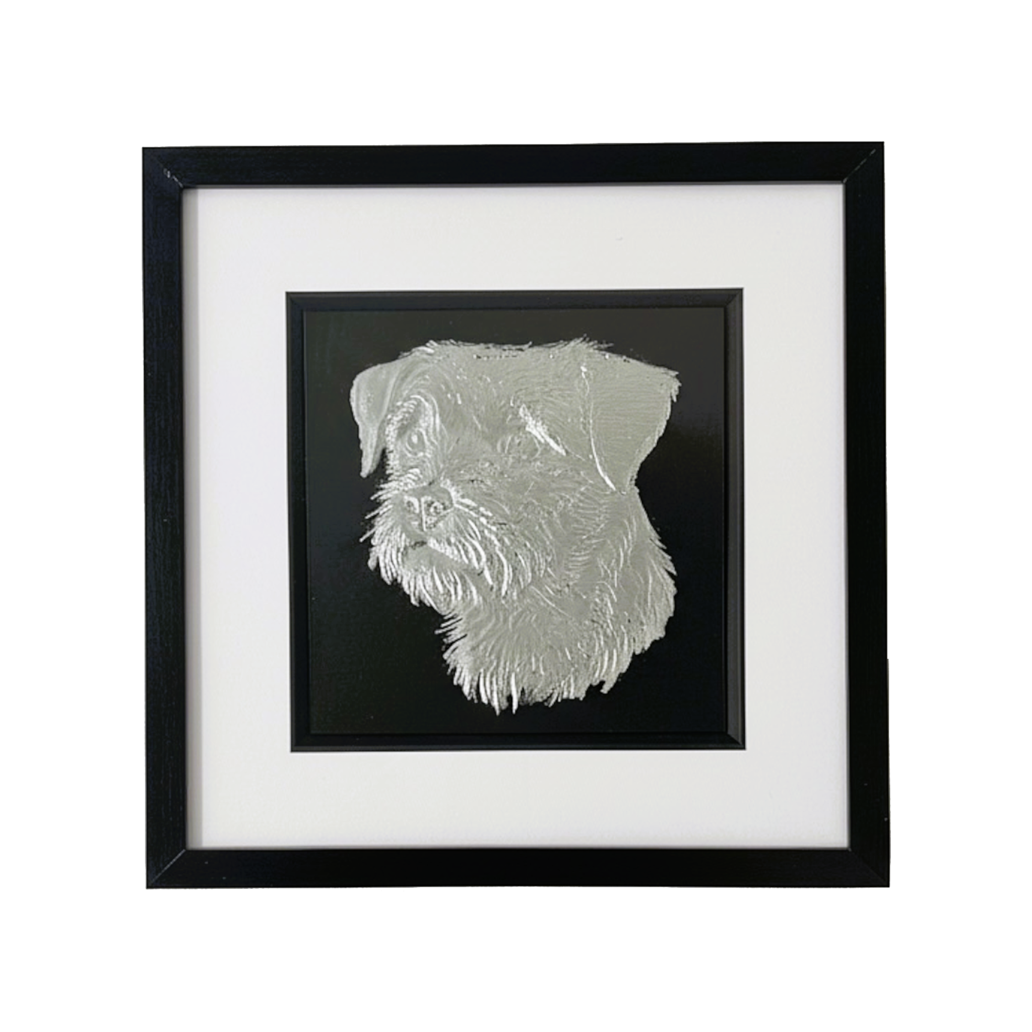 Border Terrier framed wall art finished in silver leaf with black frame and white mount