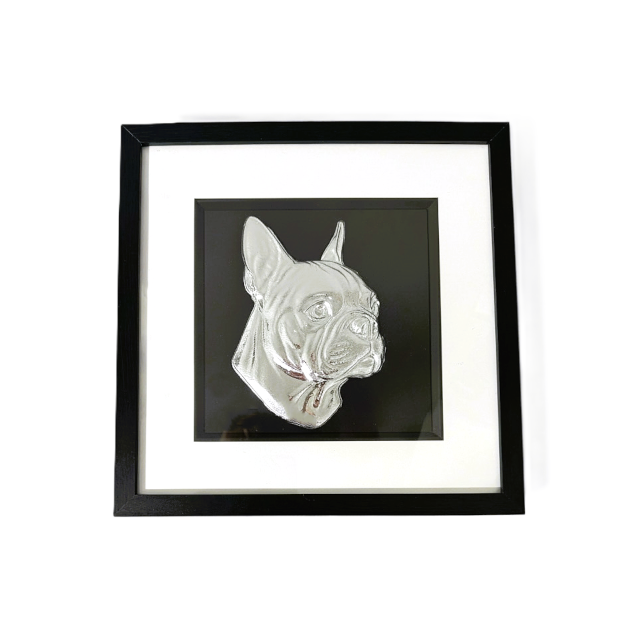 Boston Terrier framed wall art in silver leaf with black background