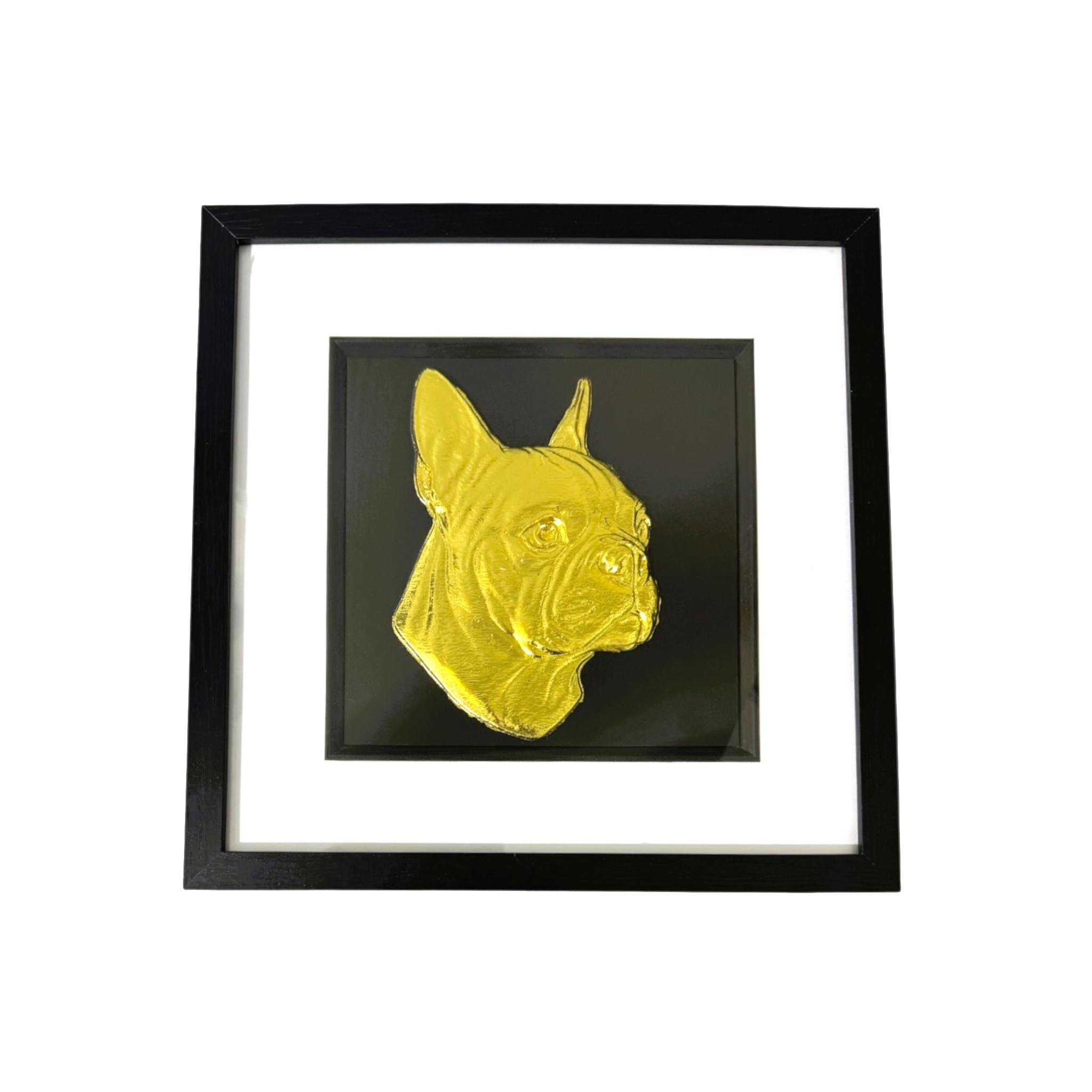 Boston Terrier framed wall art in gold leaf with black frame and white mount