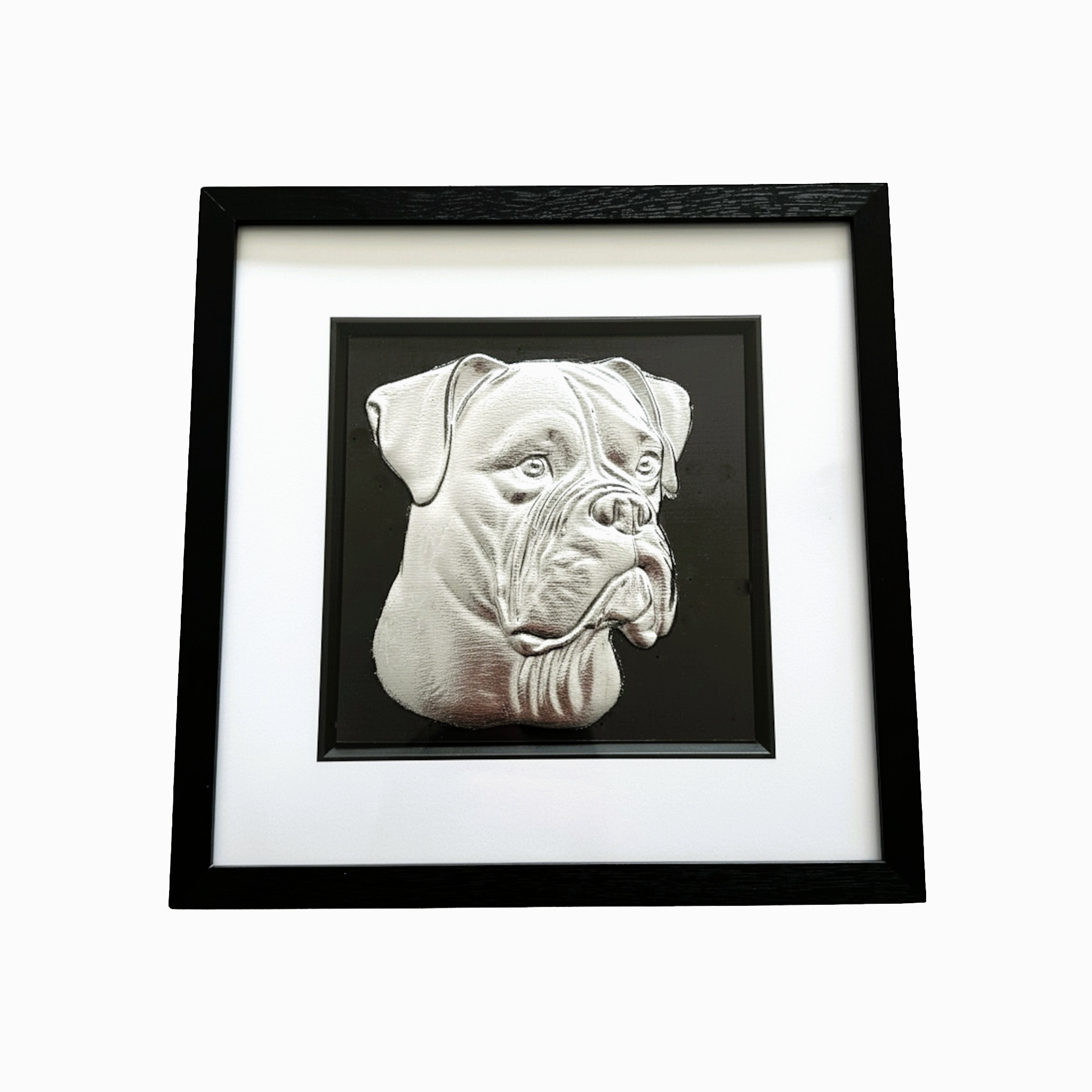 Boxer framed wall art in silver leaf against a black background