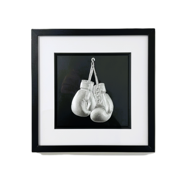 Boxing gloves silver leaf framed wall art front view