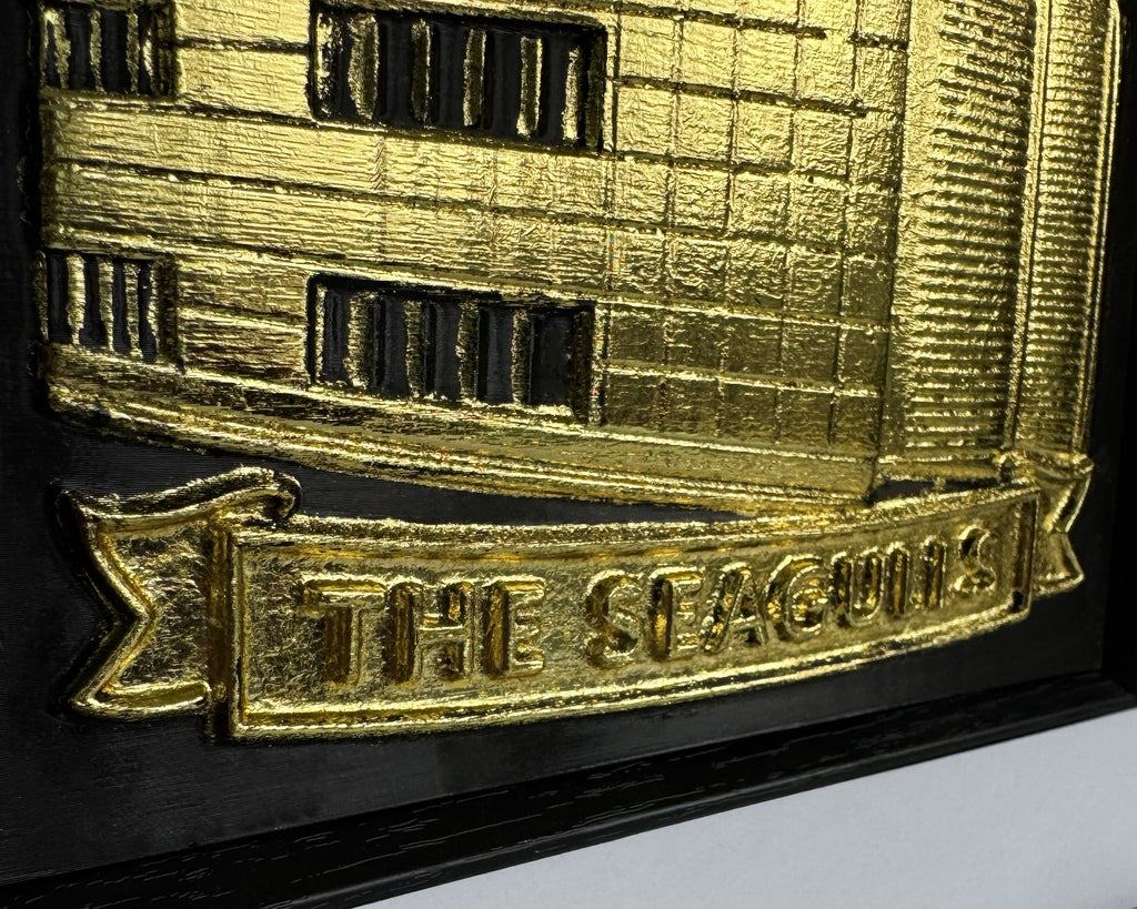 close up Brighton and Hove Albion Amex Stadium 3d wall art in gold leaf with black frame and white mount
