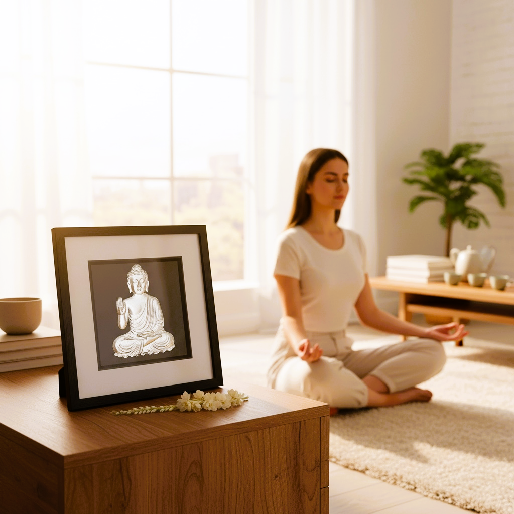 Lifestyle image of Buddha framed wall art displayed in a calm meditation space