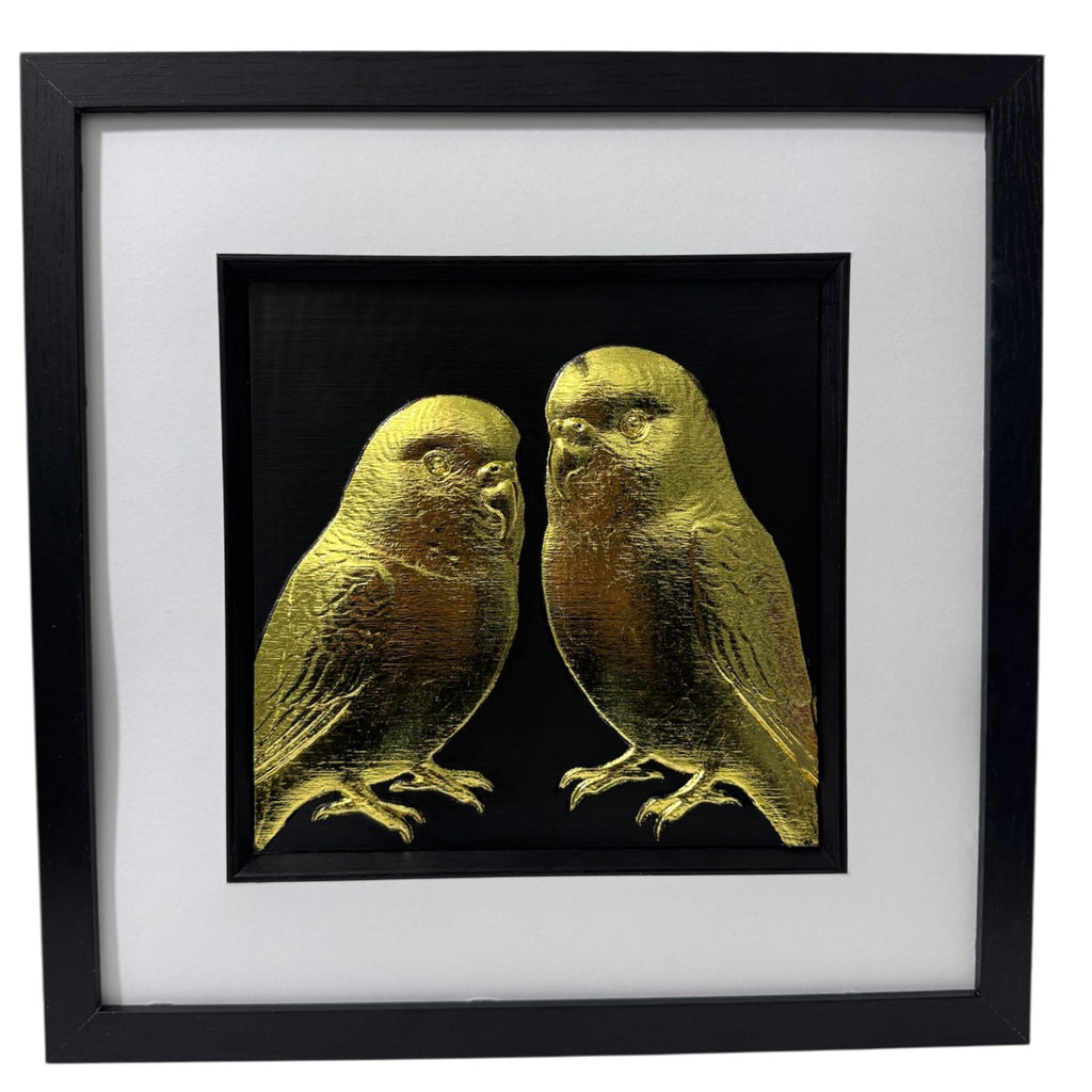 Front view of gold leaf budgie pair 3D relief artwork on black background with inner black surround and white mount