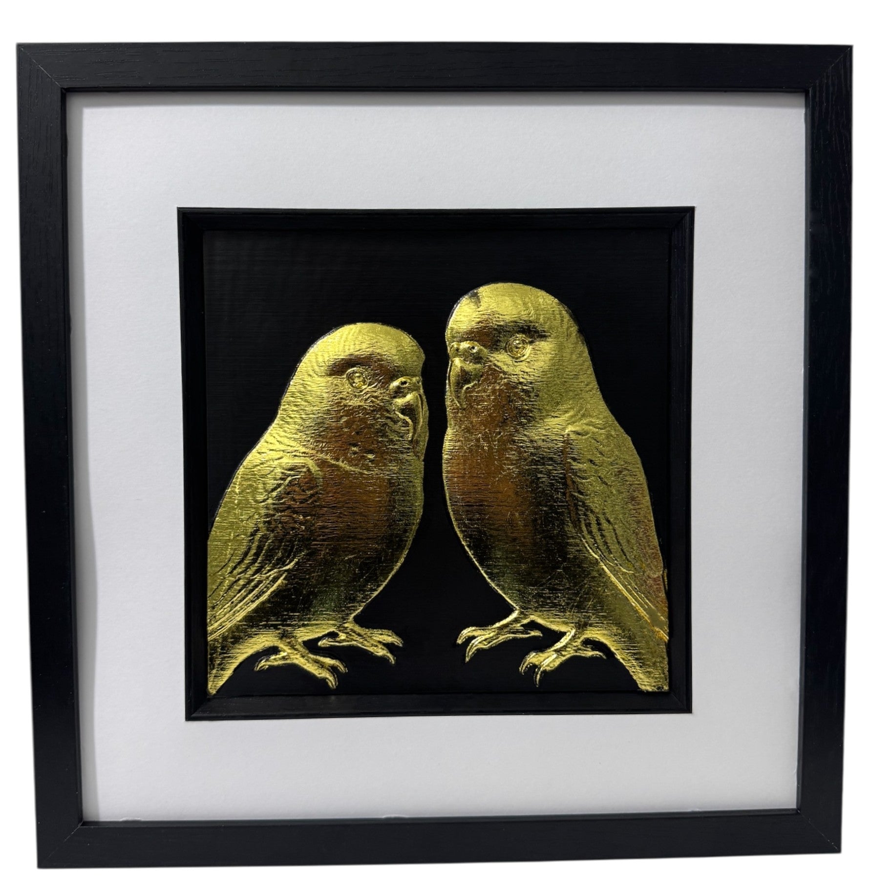 Front view of gold leaf budgie pair 3D relief artwork on black background with inner black surround and white mount