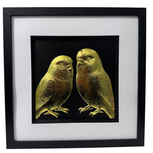 Front view of gold leaf budgie pair 3D relief artwork on black background with inner black surround and white mount