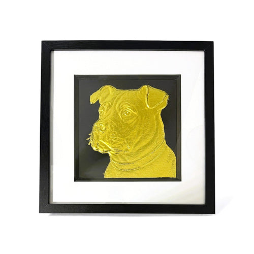 Bullpei framed wall art in gold leaf with black frame and white mount