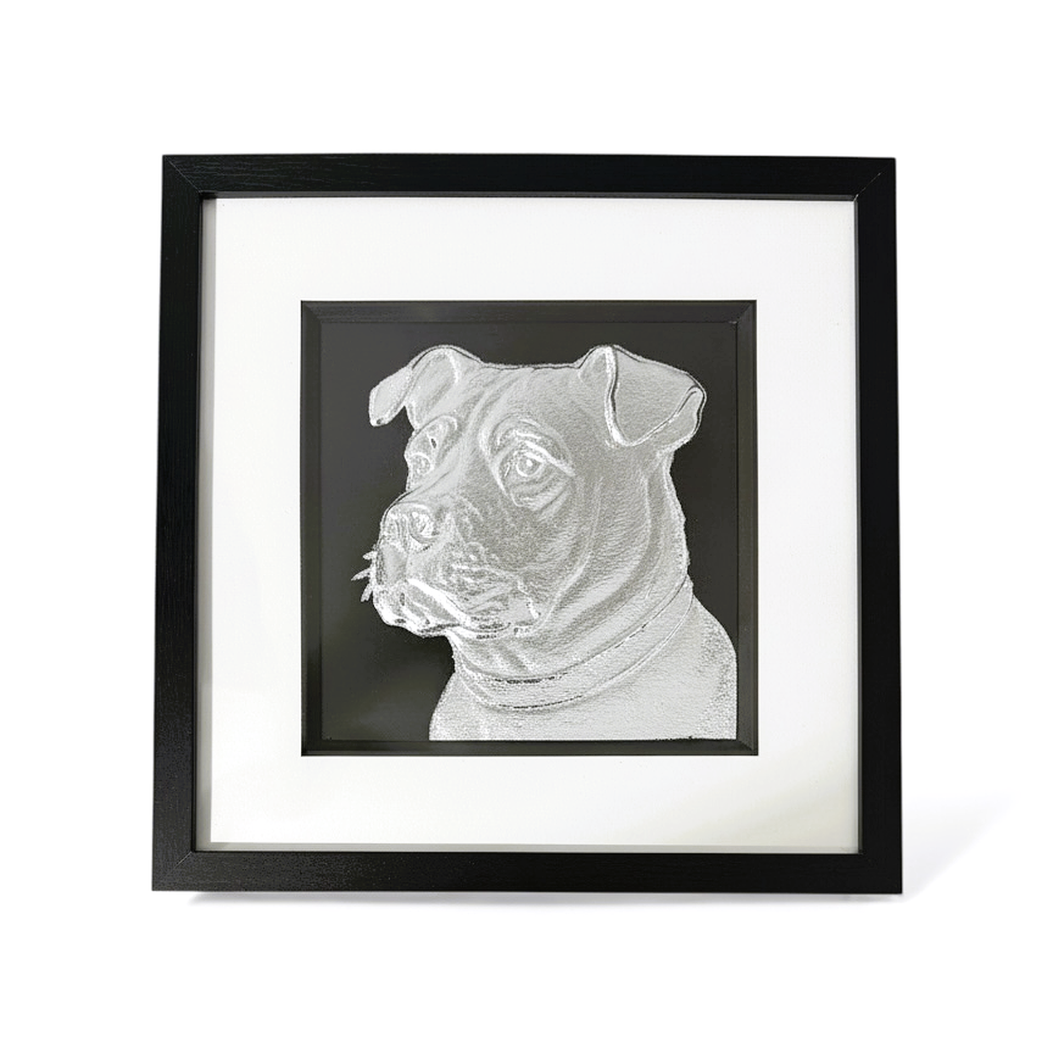 Bullpei framed wall art in silver leaf against a black background