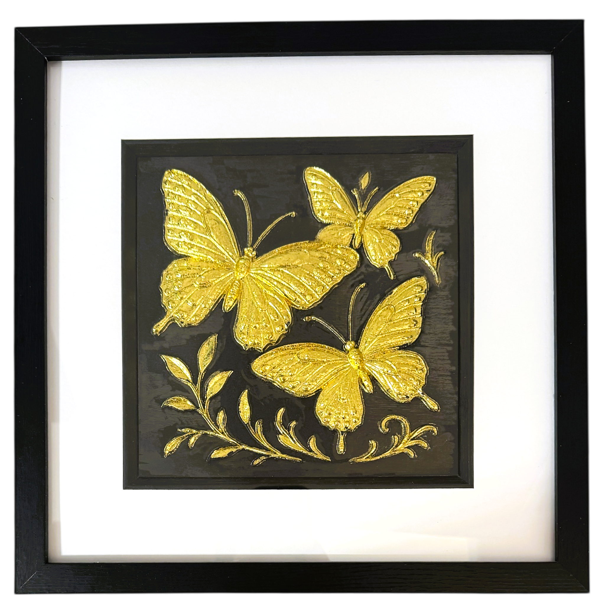 Butterfly trio framed wall art in gold leaf with black background and white mount