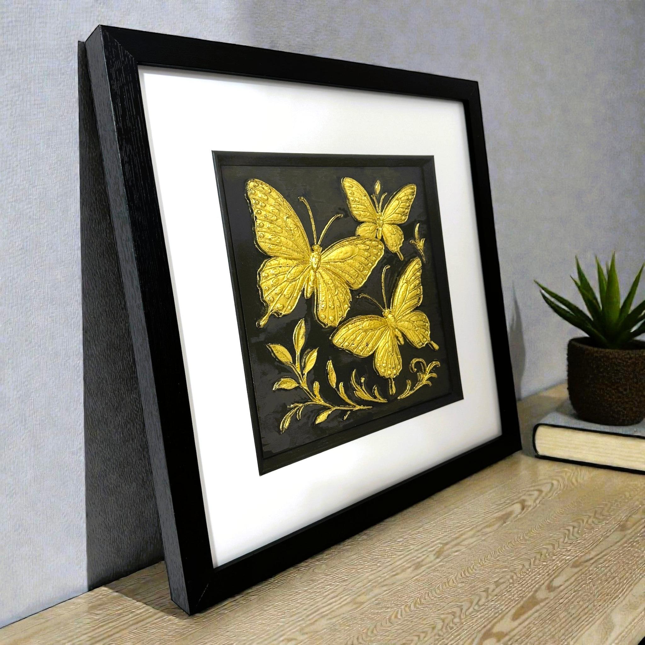 Gold butterfly trio wall art side view showing frame depth and relief texture