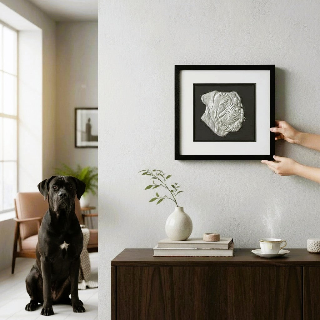 Cane Corso framed wall art in silver leaf  mounted to a modern living room wall