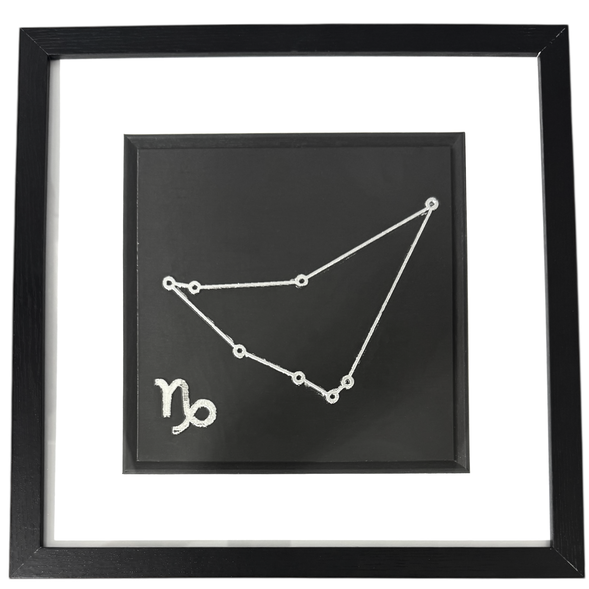 Silver Capricorn constellation wall art on black background with white mount